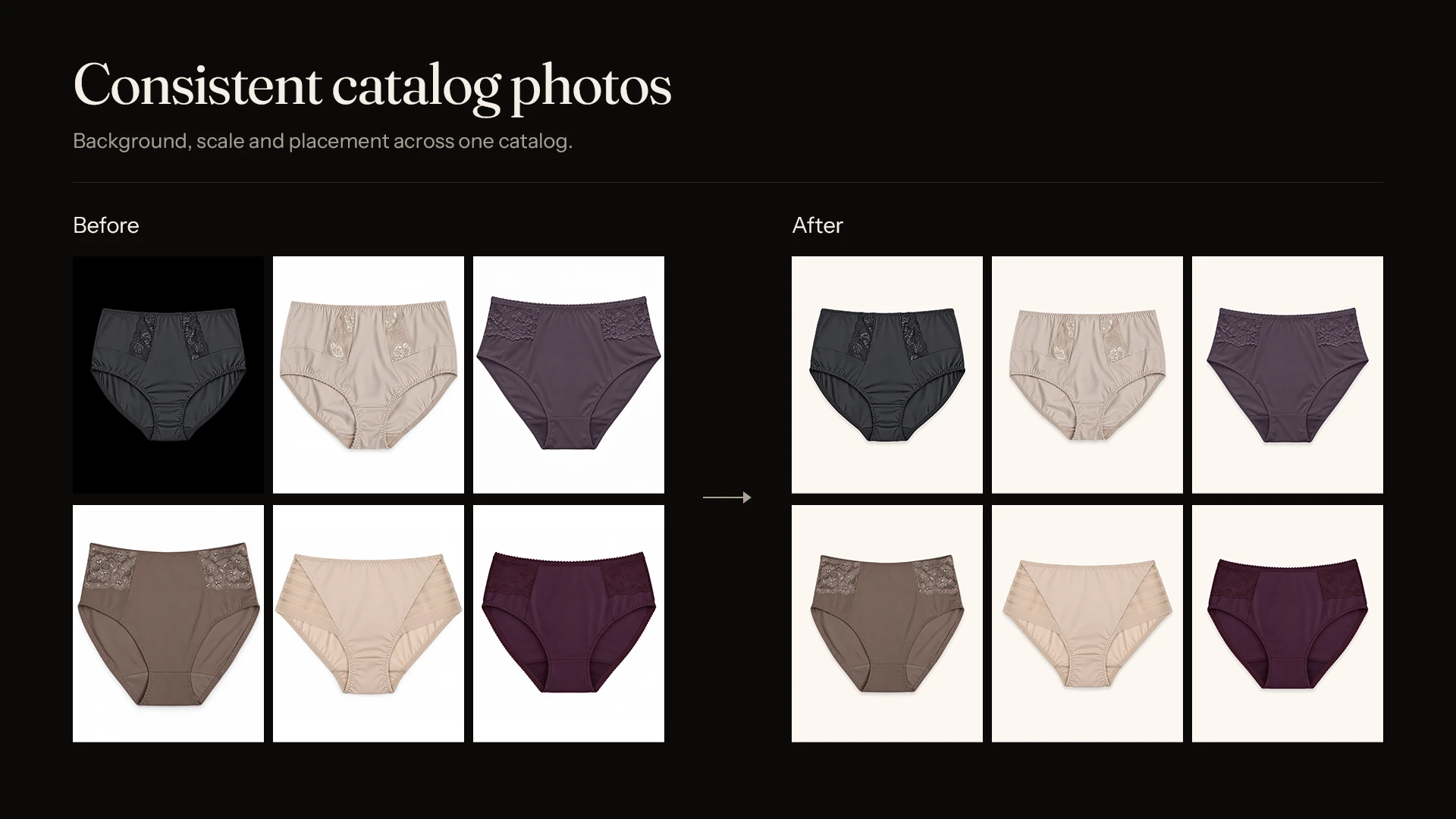 Six briefs shot on mismatched black and white backgrounds, then shown again on one warm background at the same scale and placement