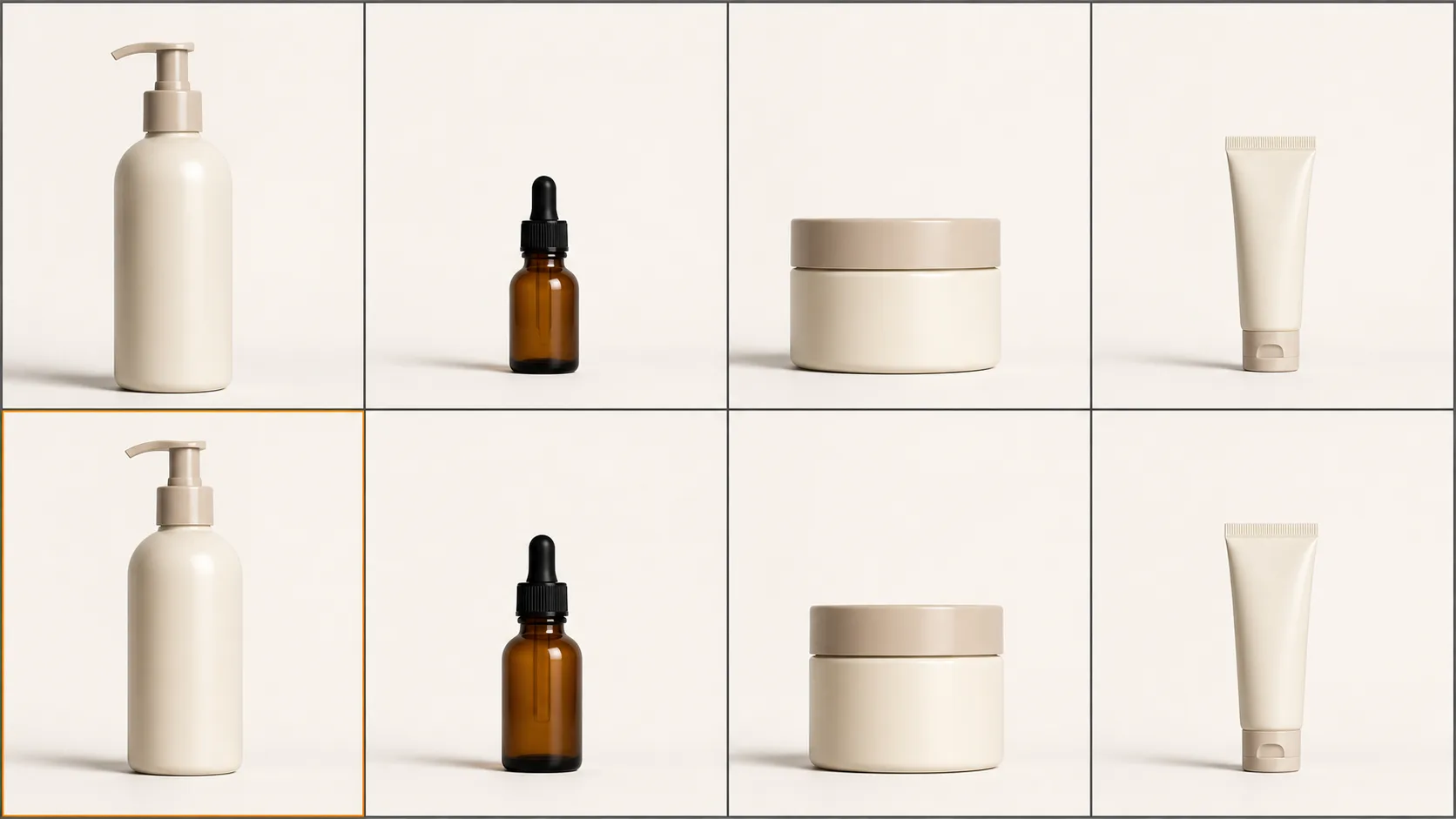Four related products before and after optical size matching, with the reference product outlined
