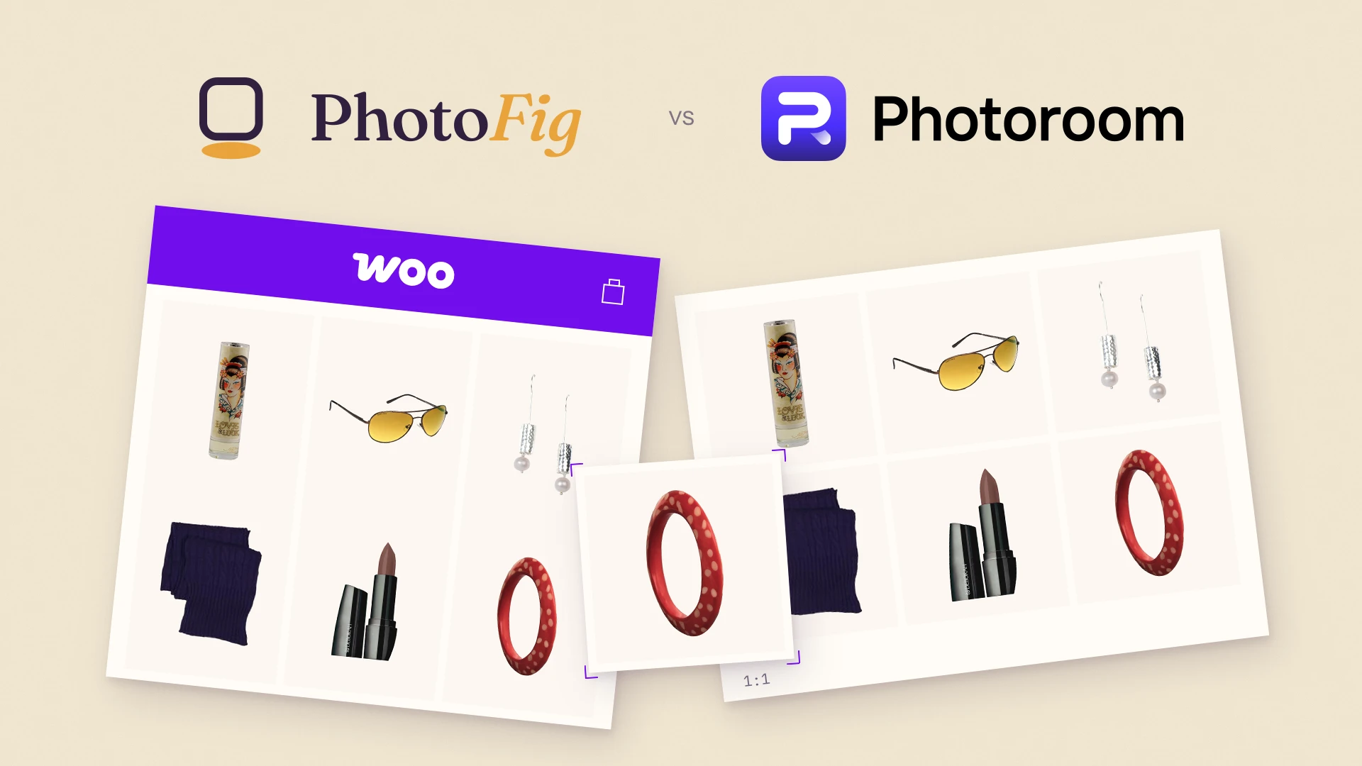 PhotoFig and Photoroom logos above two product grids, one inside a WooCommerce store and one on its own, with a red bangle lifted between them