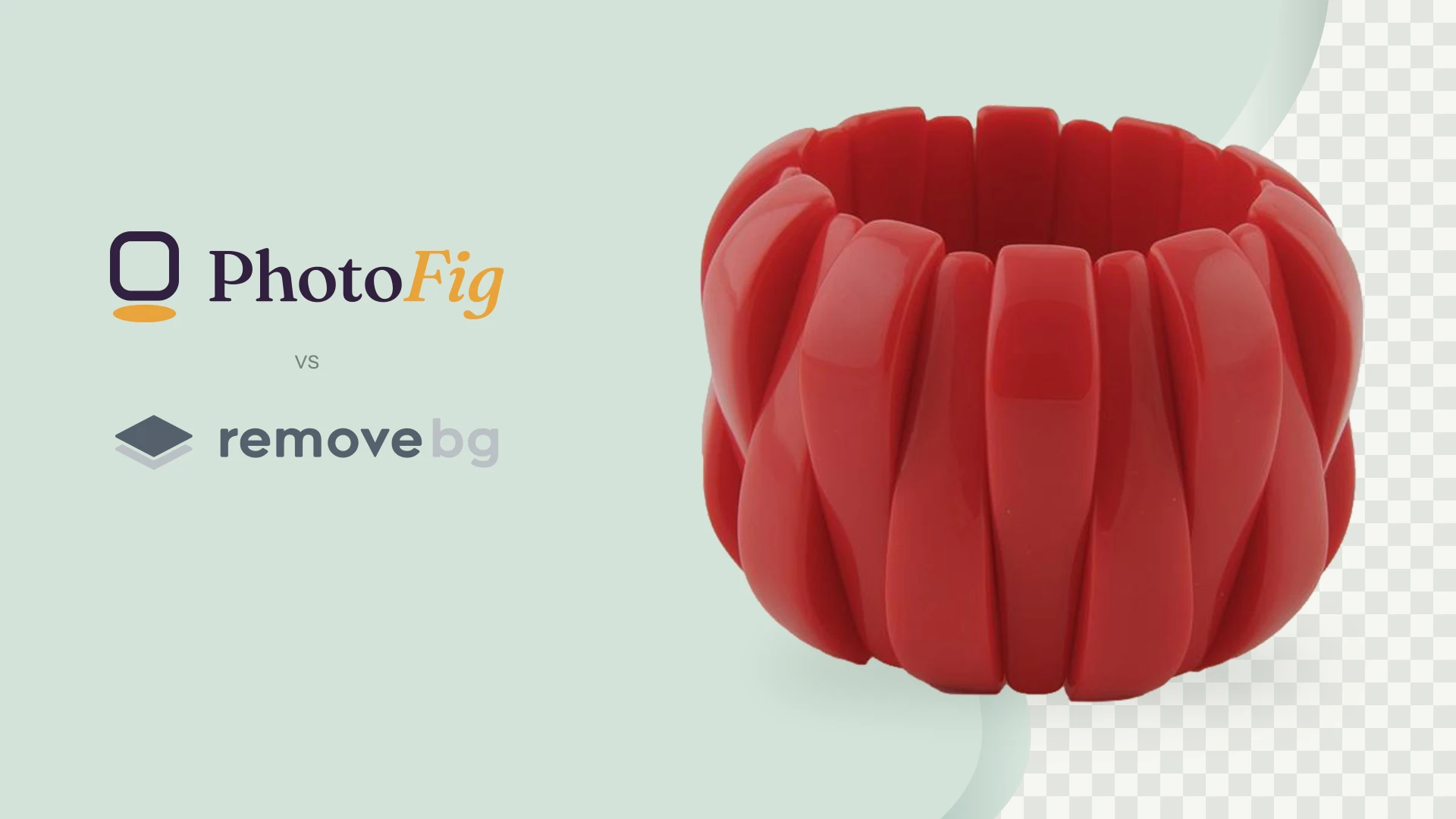 PhotoFig and remove.bg logos beside a red bangle whose background peels away into transparency