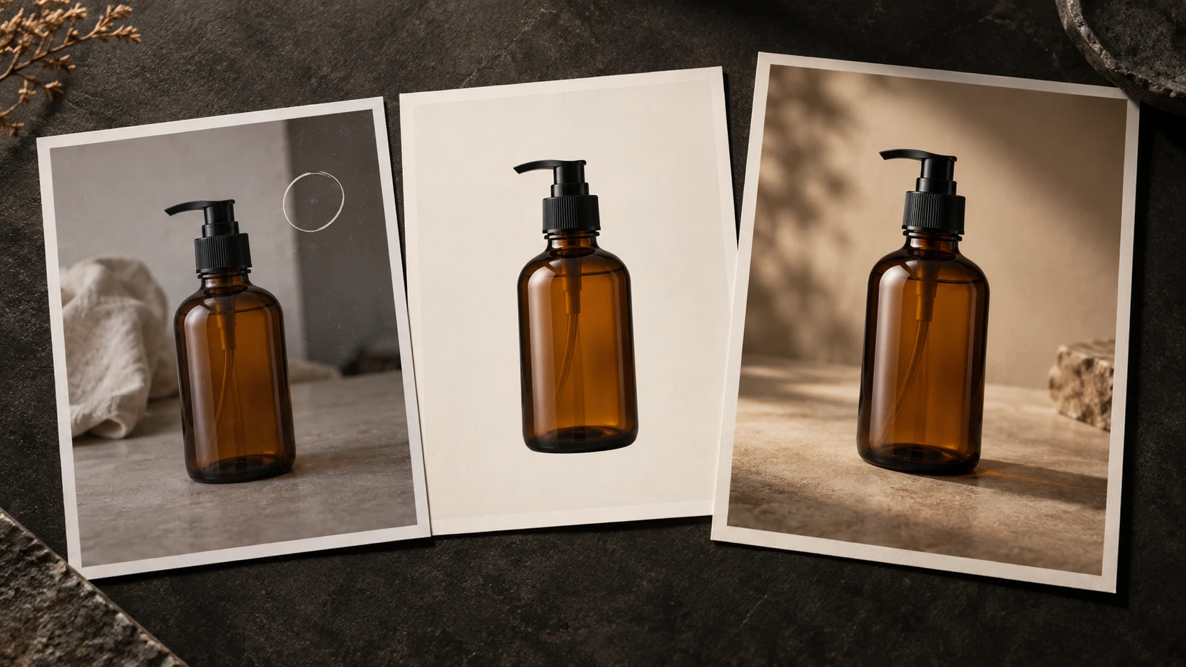 Three photographs showing an amber product bottle progressing from an ordinary source photo to a clean cutout and a finished catalog image