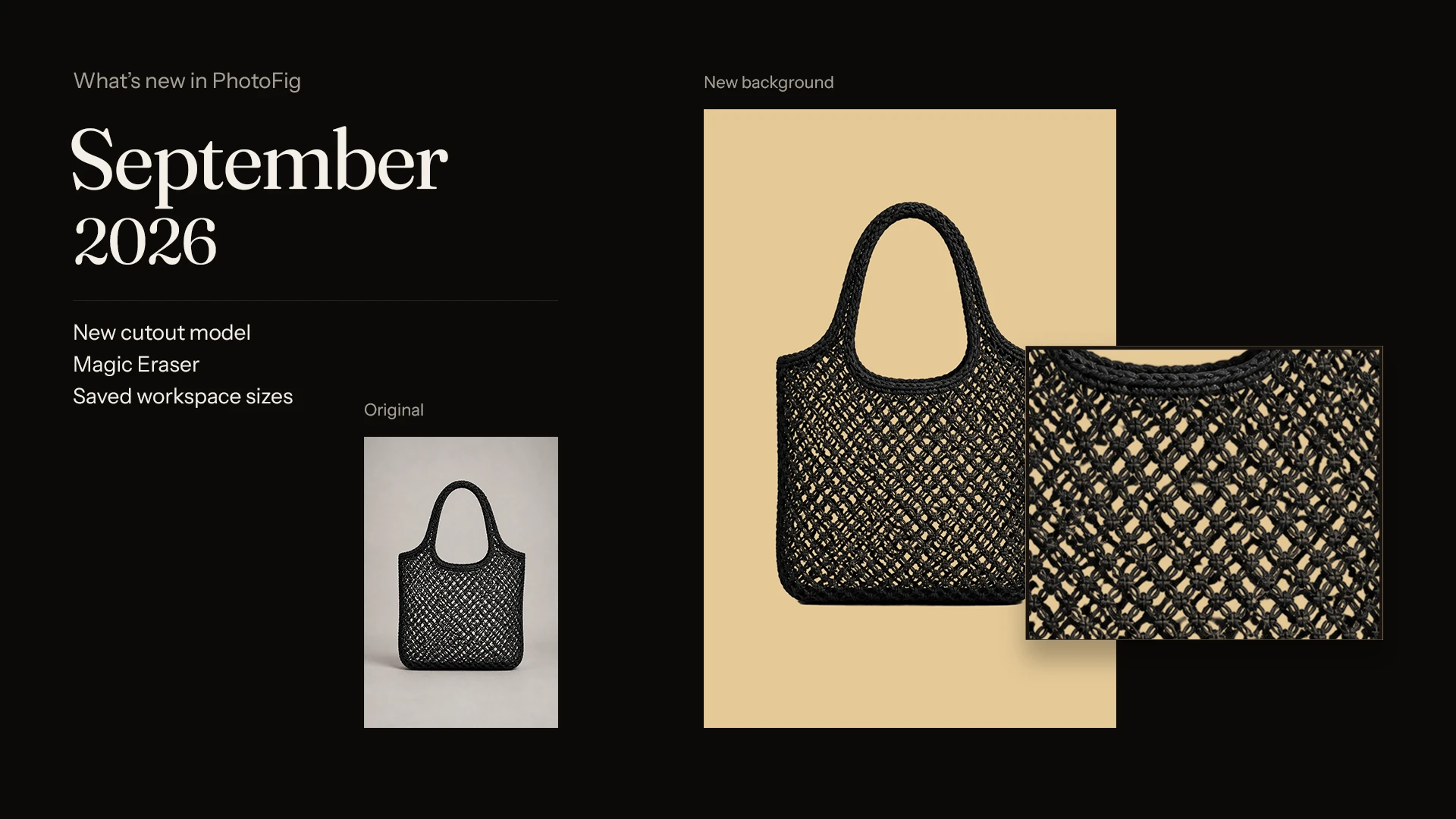 A woven tote bag photographed on grey, then cut out onto a warm sand background, with a close-up showing the open weave cut out cleanly