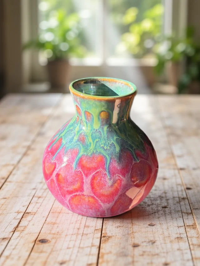 The same glazed vase on a sunlit wooden surface with greenery in the background
