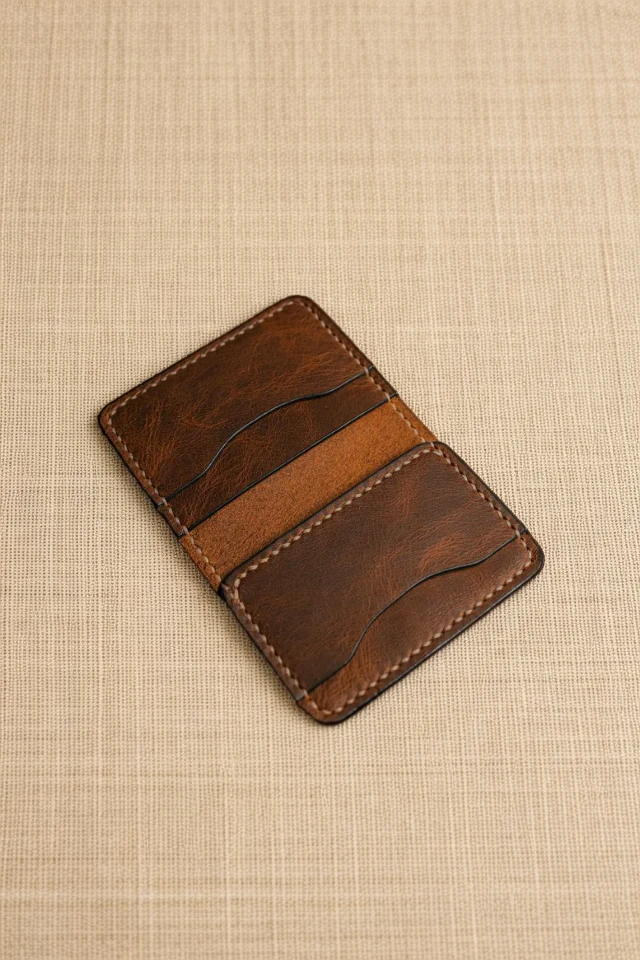 The same brown leather wallet on warm linen, with its stitching and leather grain visible