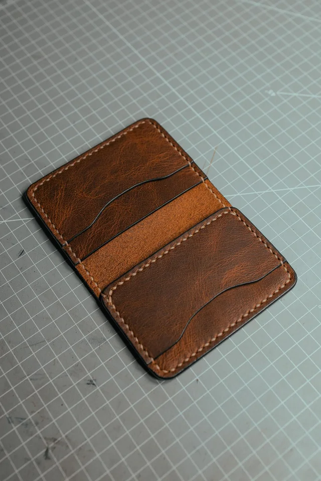 An open brown leather wallet with visible stitching on a gridded cutting mat